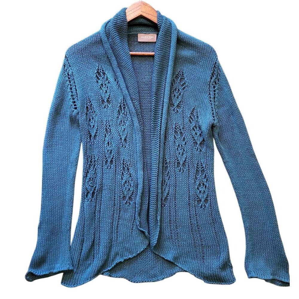 Wooden Ships Sweater Women's Medium Teal Blue Pointelle Open Cardigan Boho